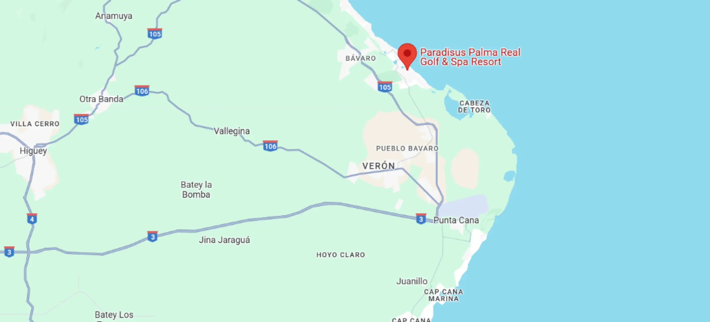 Map screenshot showing the location of Paradisus Palma Real on the coast of Punta Cana