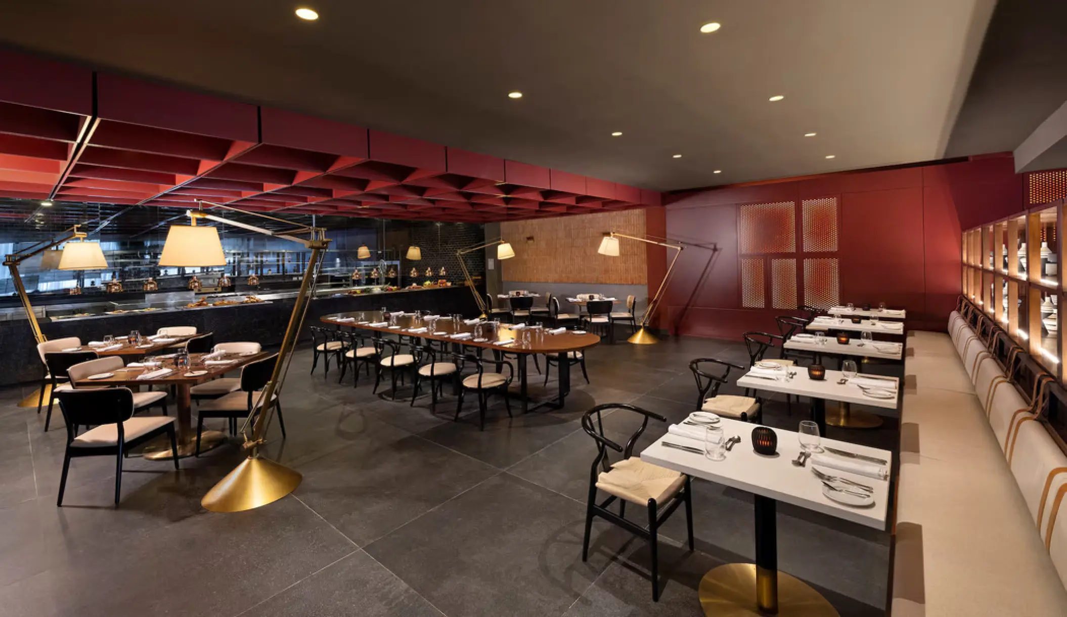 Modern Mina restaurant dining area with red ceiling accents at Paradisus Palma Real, Punta Cana