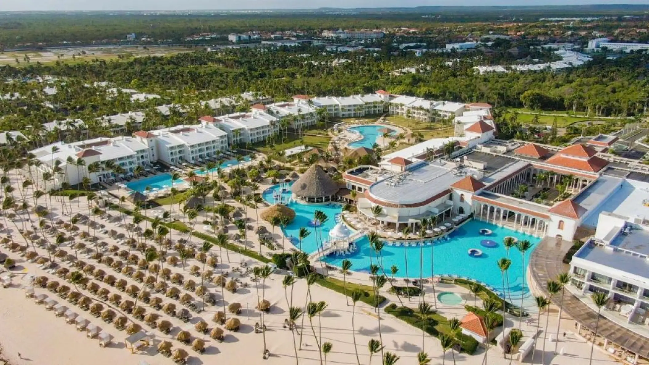 Aerial view of the pools, beach and grounds at Paradisus Palma Real, Punta Cana