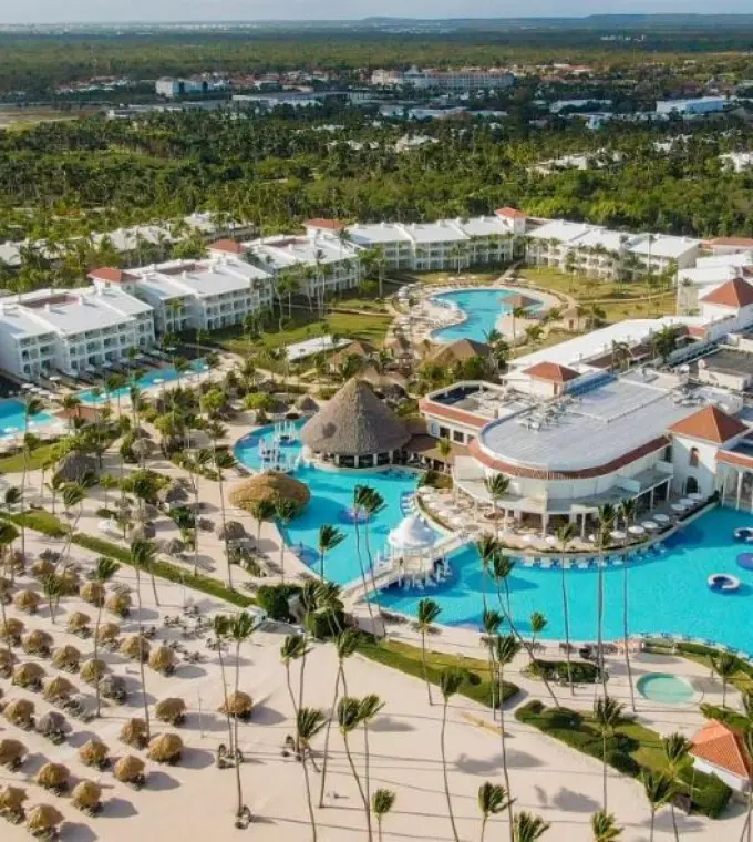 Aerial view of the pools, beach and grounds at Paradisus Palma Real, Punta Cana