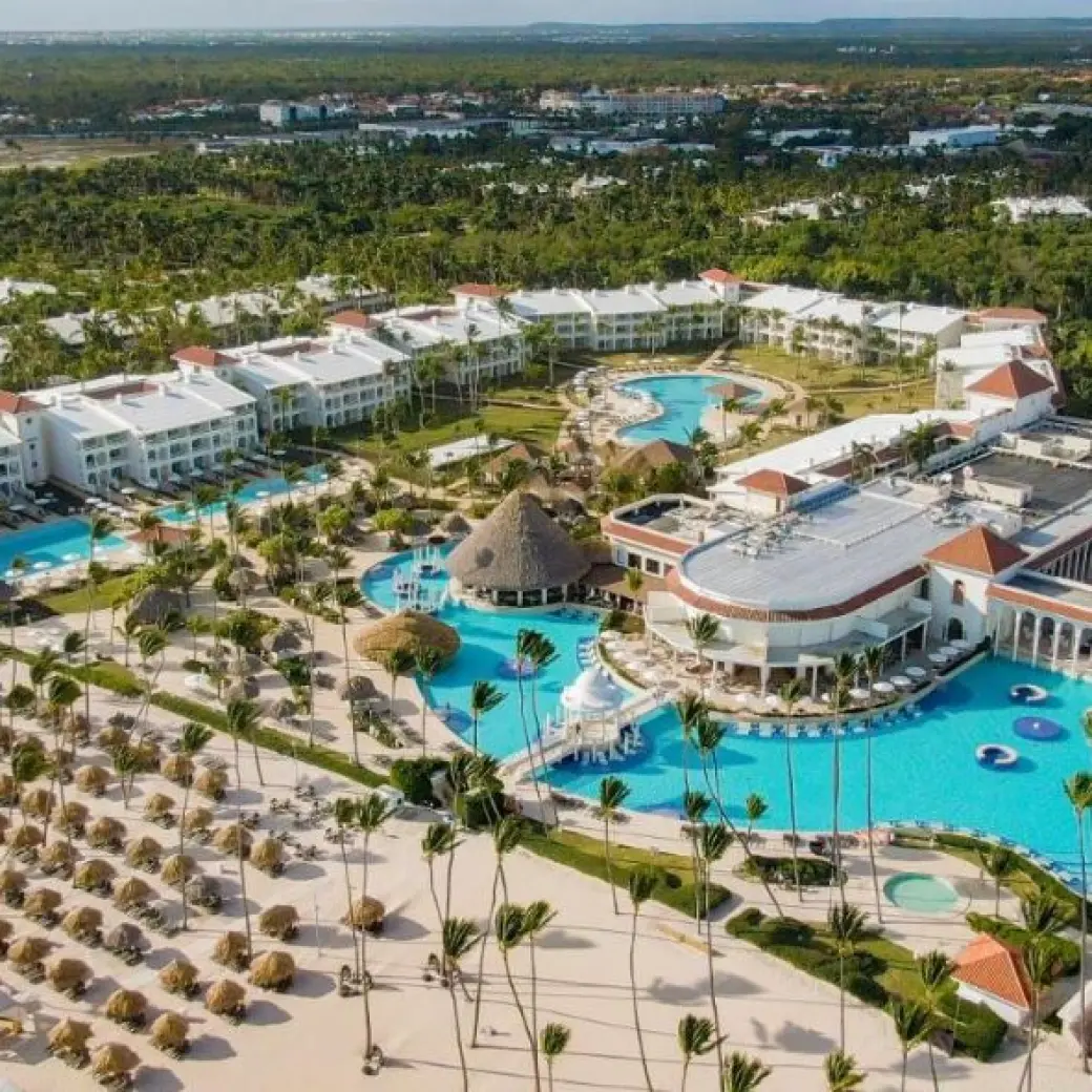 Aerial view of the pools, beach and grounds at Paradisus Palma Real, Punta Cana
