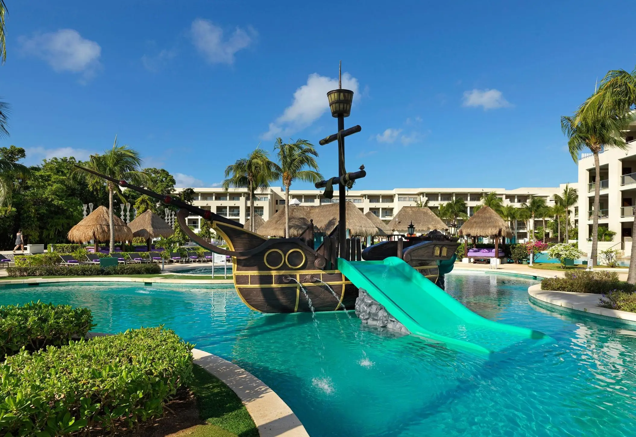 Pirate ship water slide in the kids' pool at Paradisus Playa Del Carmen