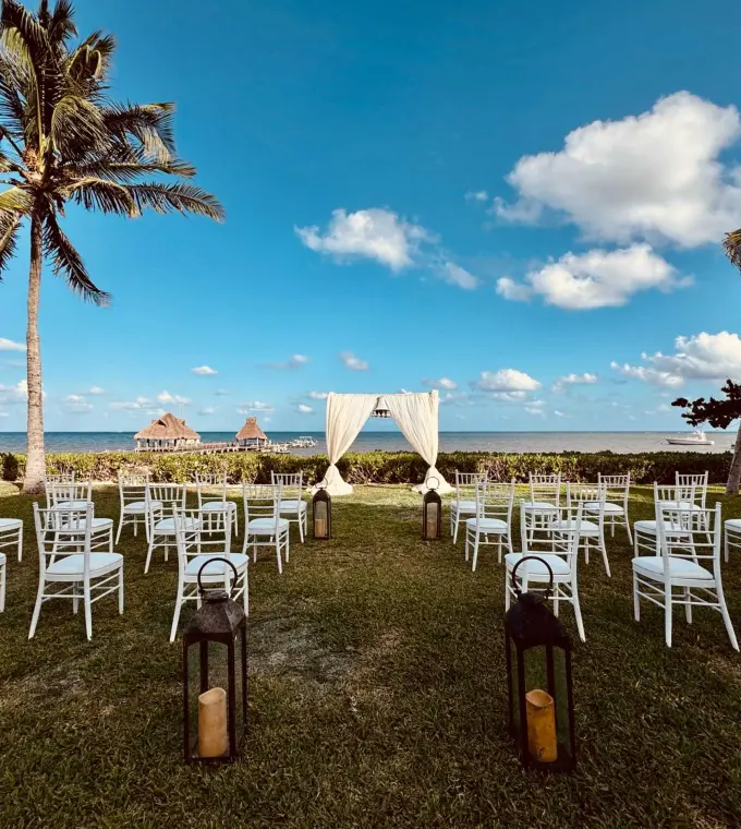 Coastal garden wedding ceremony setup at Royalton Reserve Paraiso de la Bonita, Riviera Maya