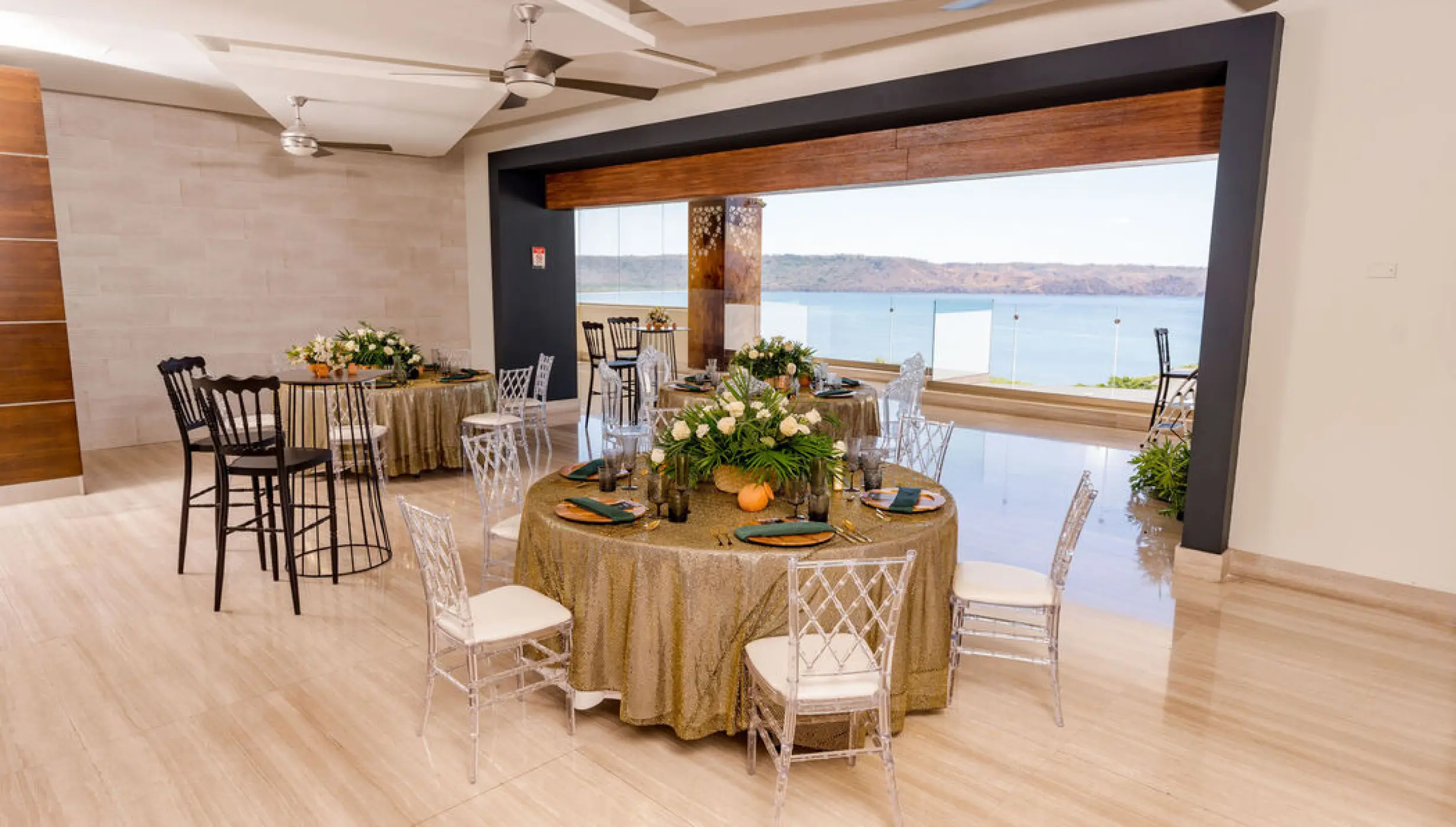Indoor wedding reception tables in the Guanacaste room at Planet Hollywood Costa Rica, Papagayo