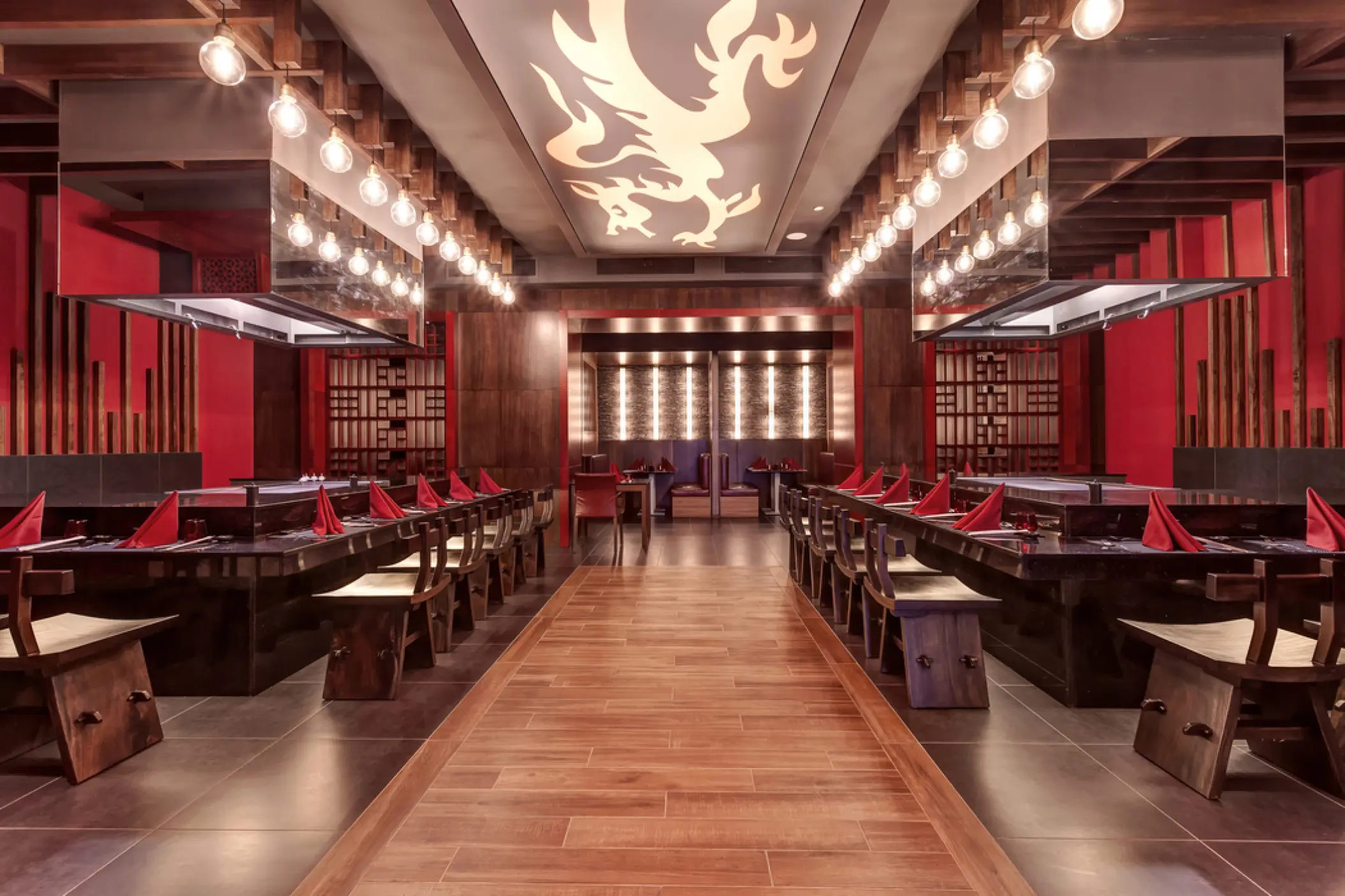 Japanese restaurant at Planet Hollywood Costa Rica featuring hibachi tables and red decor, Papagayo