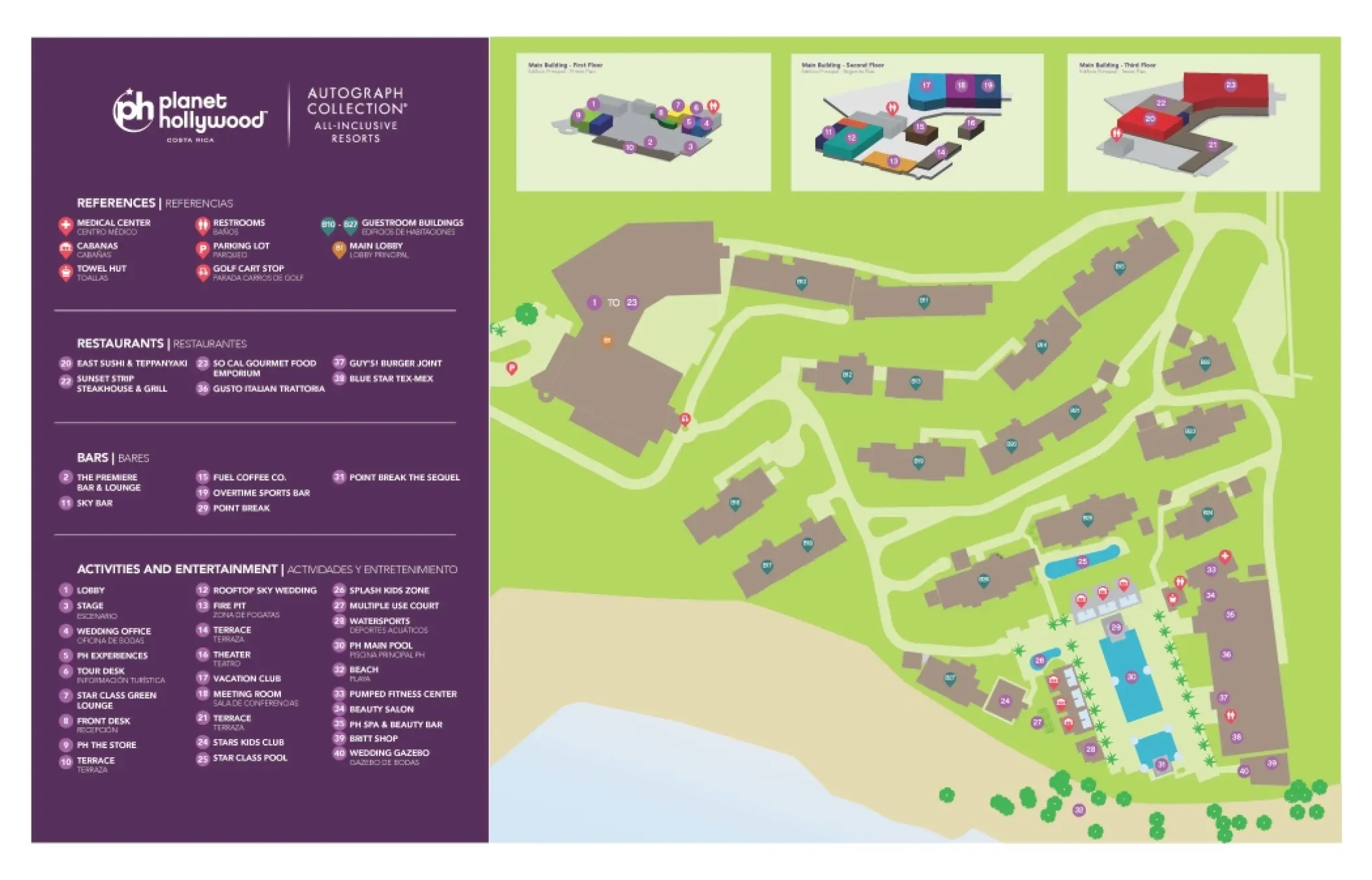 Resort map of Planet Hollywood Costa Rica featuring building layouts, restaurants, and beach areas in Papagayo