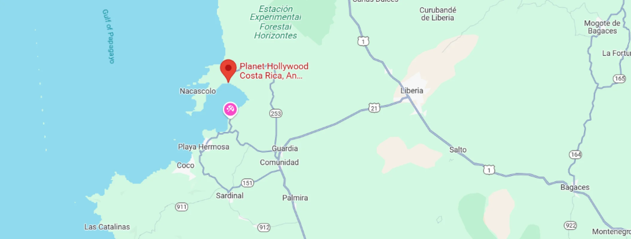 map showing location of Planet Hollywood Costa Rica