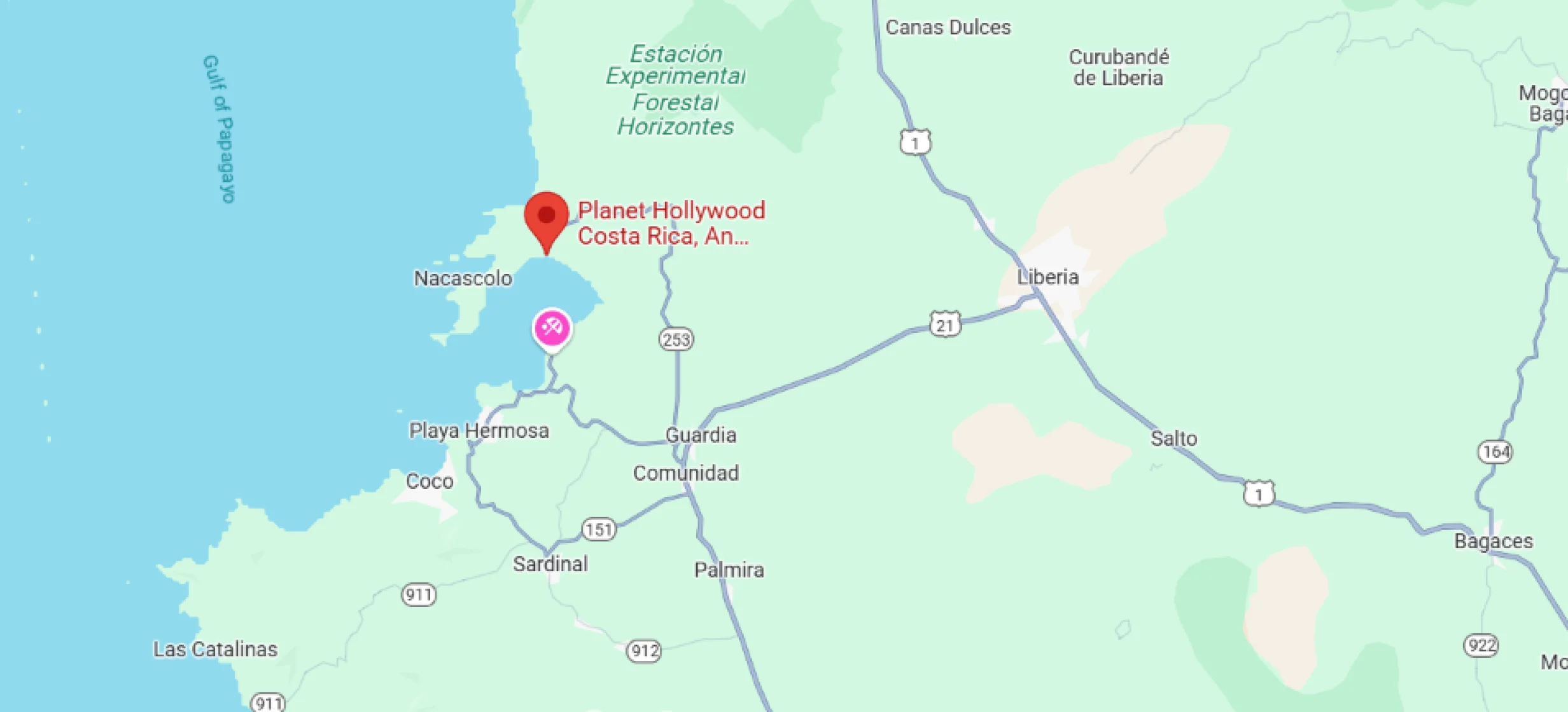 map showing location of Planet Hollywood Costa Rica