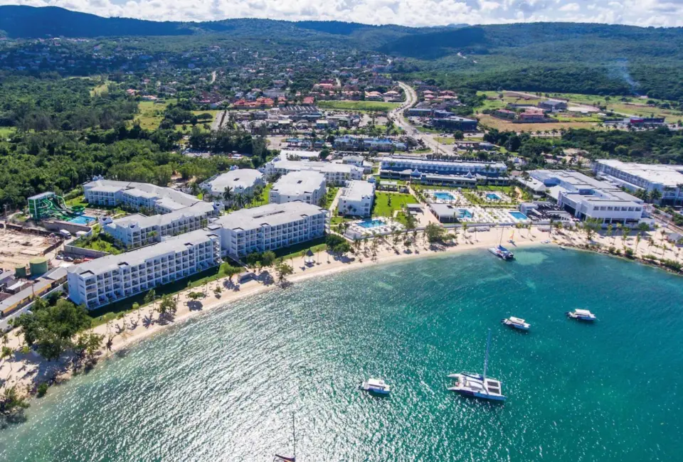 Aerial view of Riu Montego Bay beachfront buildings and turquoise water, Montego Bay