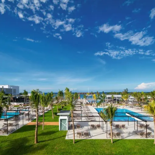 Riu Montego Bay pool area and palm trees under a blue sky, Montego Bay