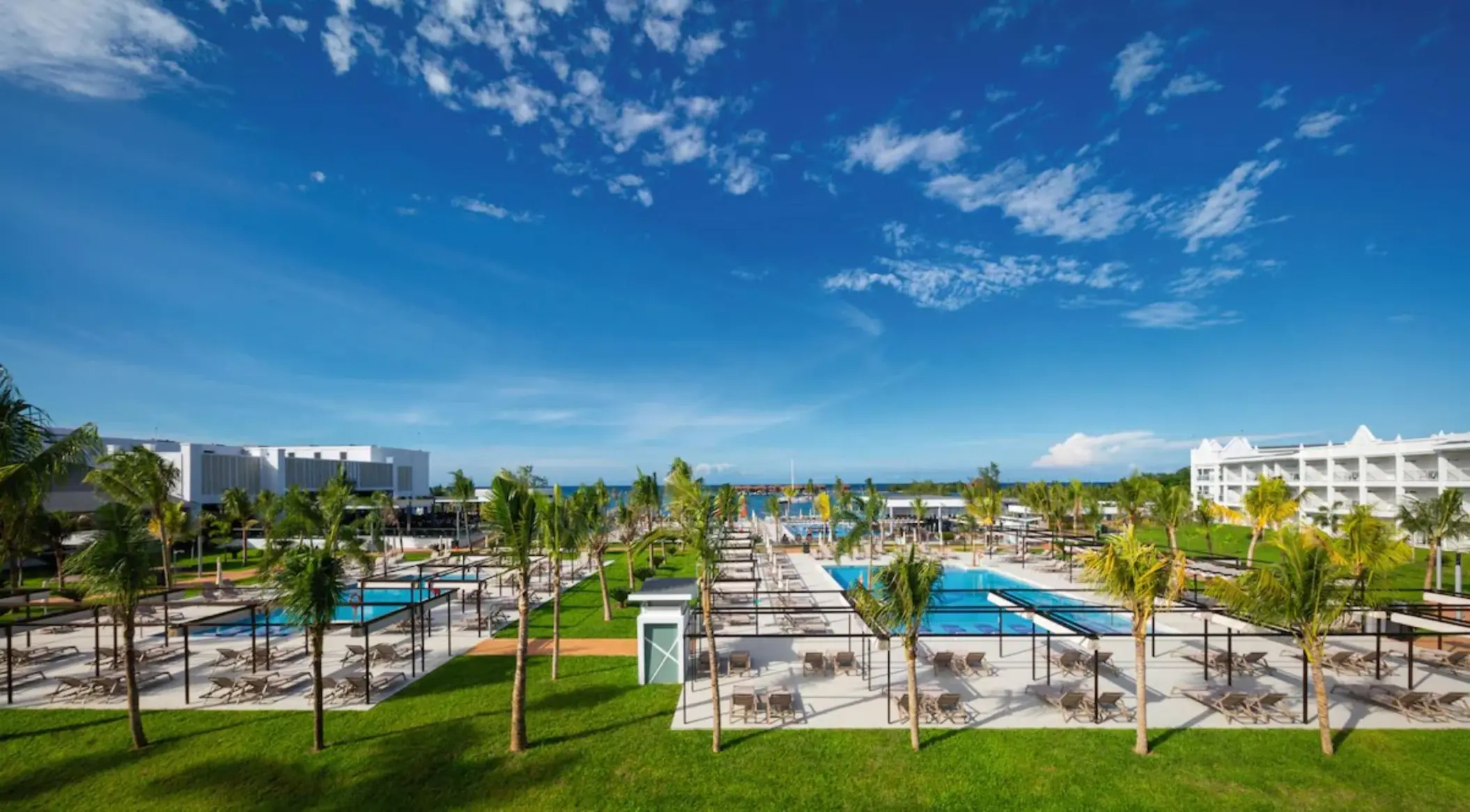 Riu Montego Bay pool area and palm trees under a blue sky, Montego Bay