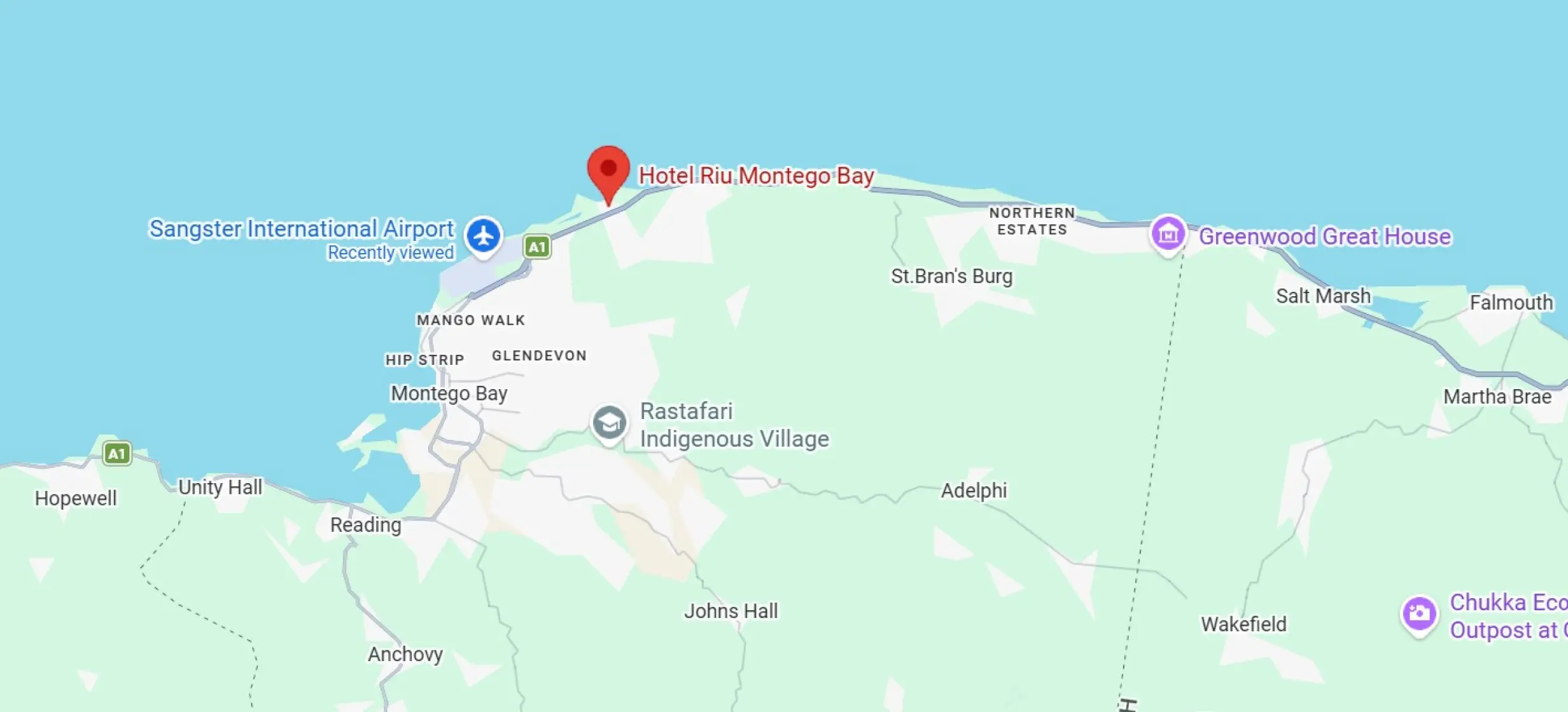 Map showing the beachfront location of Riu Montego Bay, Jamaica