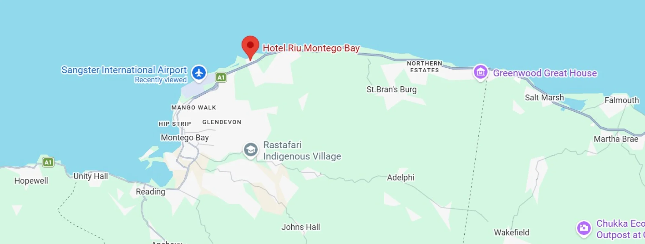 map showing location of riu montego bay in Jamaica