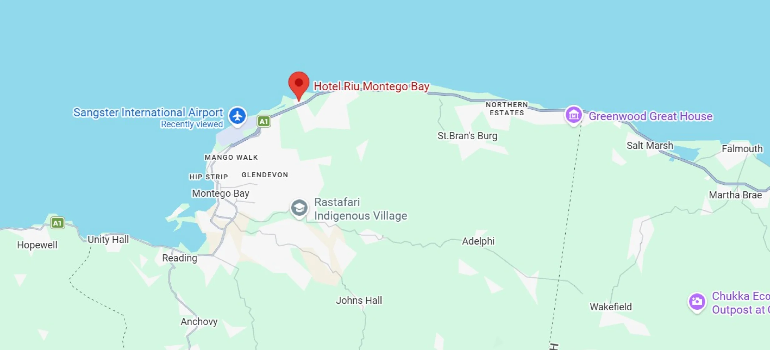 map showing location of riu montego bay in Jamaica