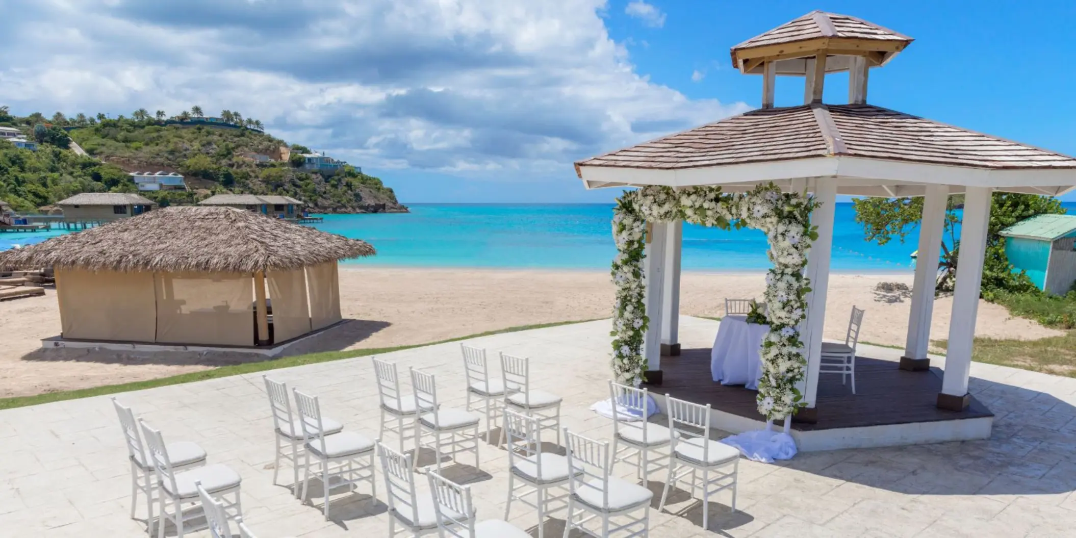 Beach gazebo wedding ceremony at Royalton Antigua, Five Islands Village