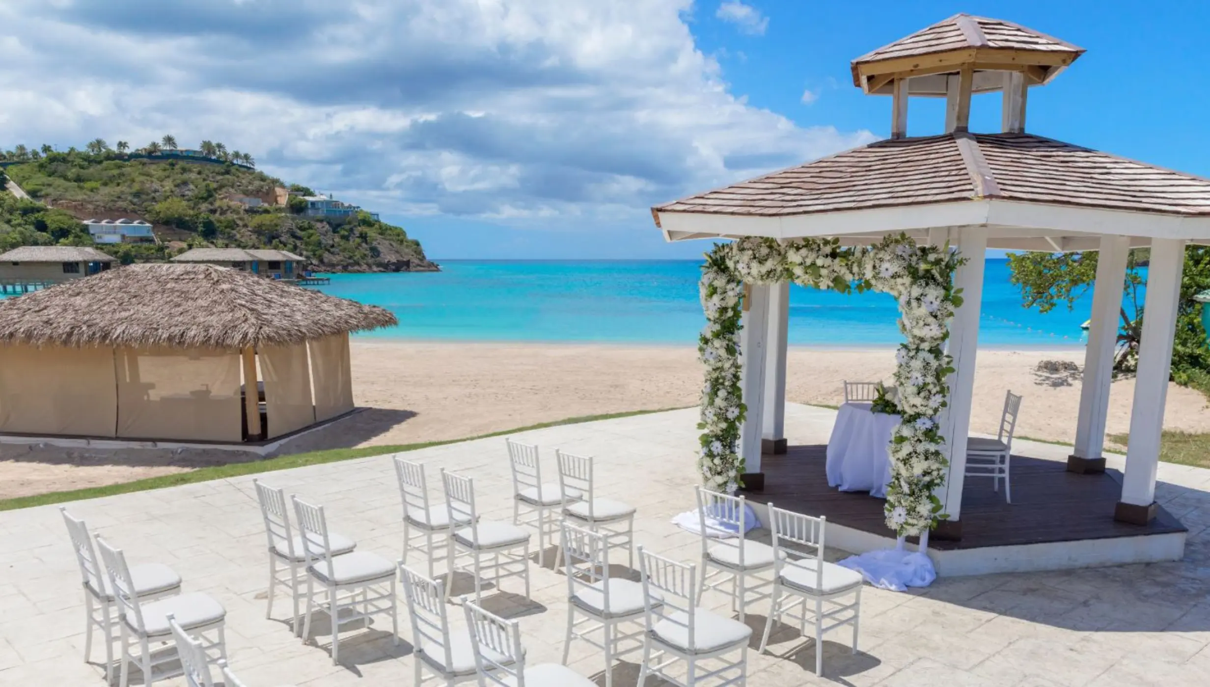 Beach gazebo wedding ceremony at Royalton Antigua, Five Islands Village
