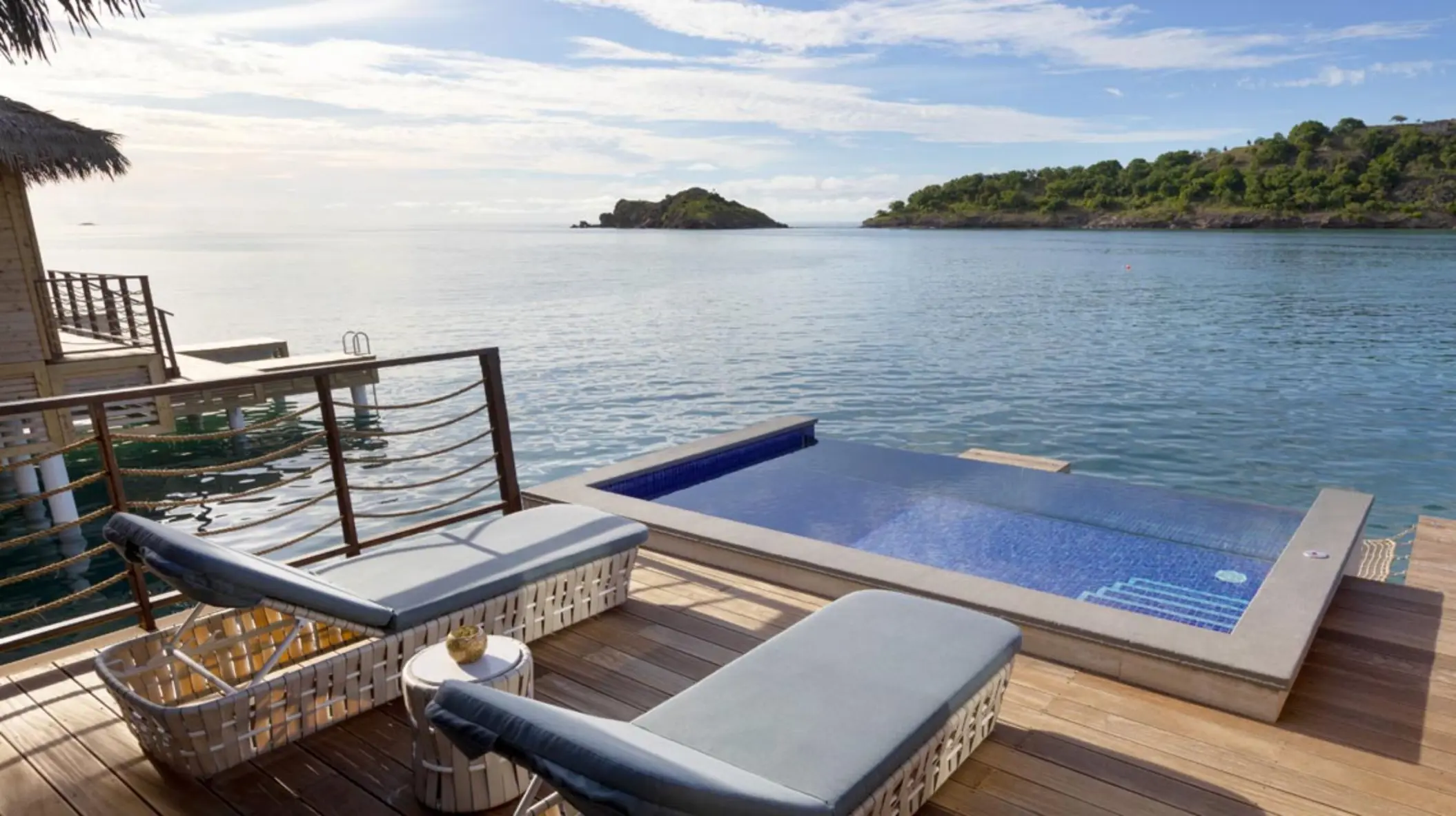 Overwater bungalow private pool and deck overlooking the bay at Royalton Antigua, Five Islands Village