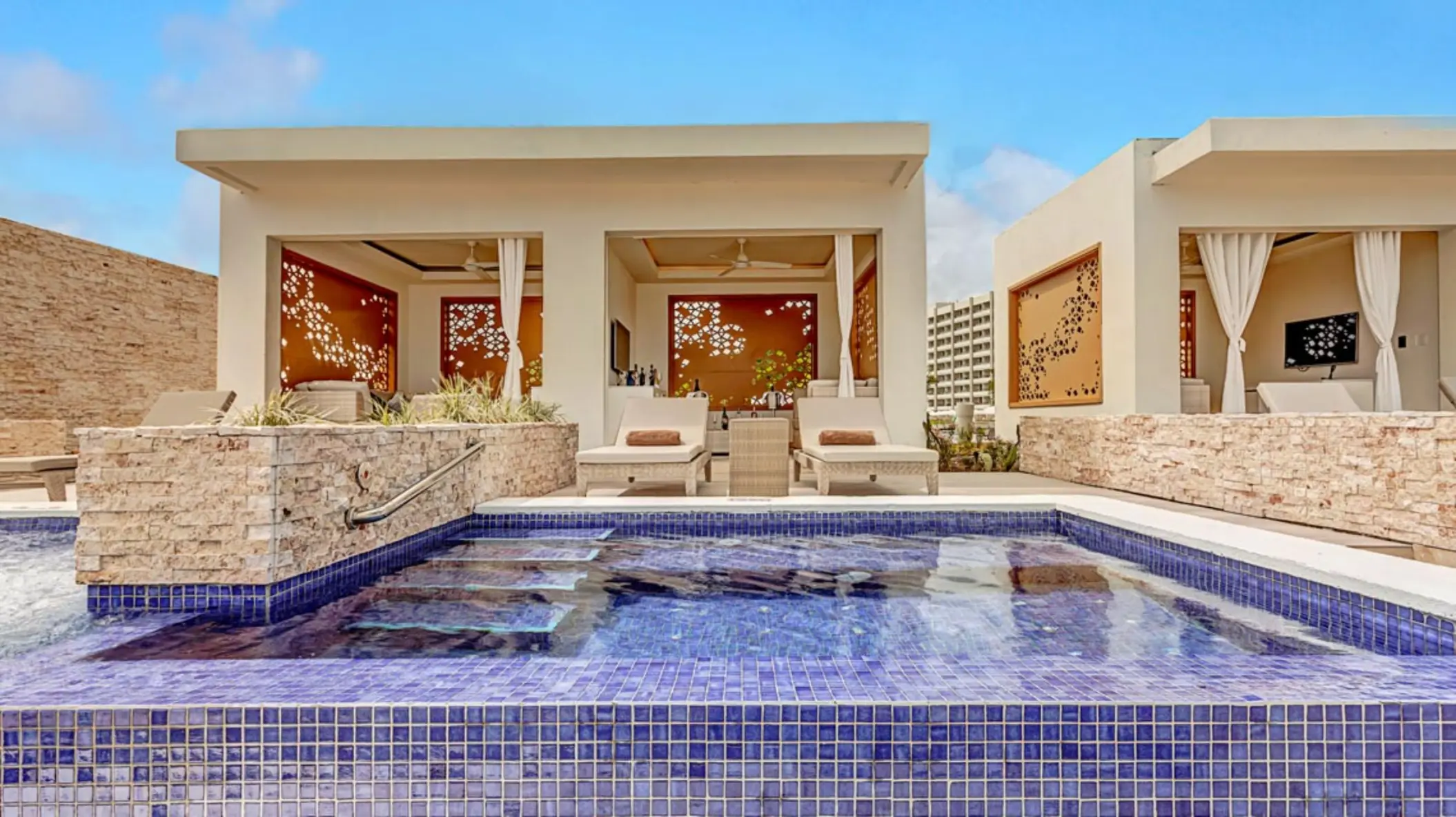 Swim-out suite terrace with loungers and private pool at Royalton Antigua, Five Islands Village