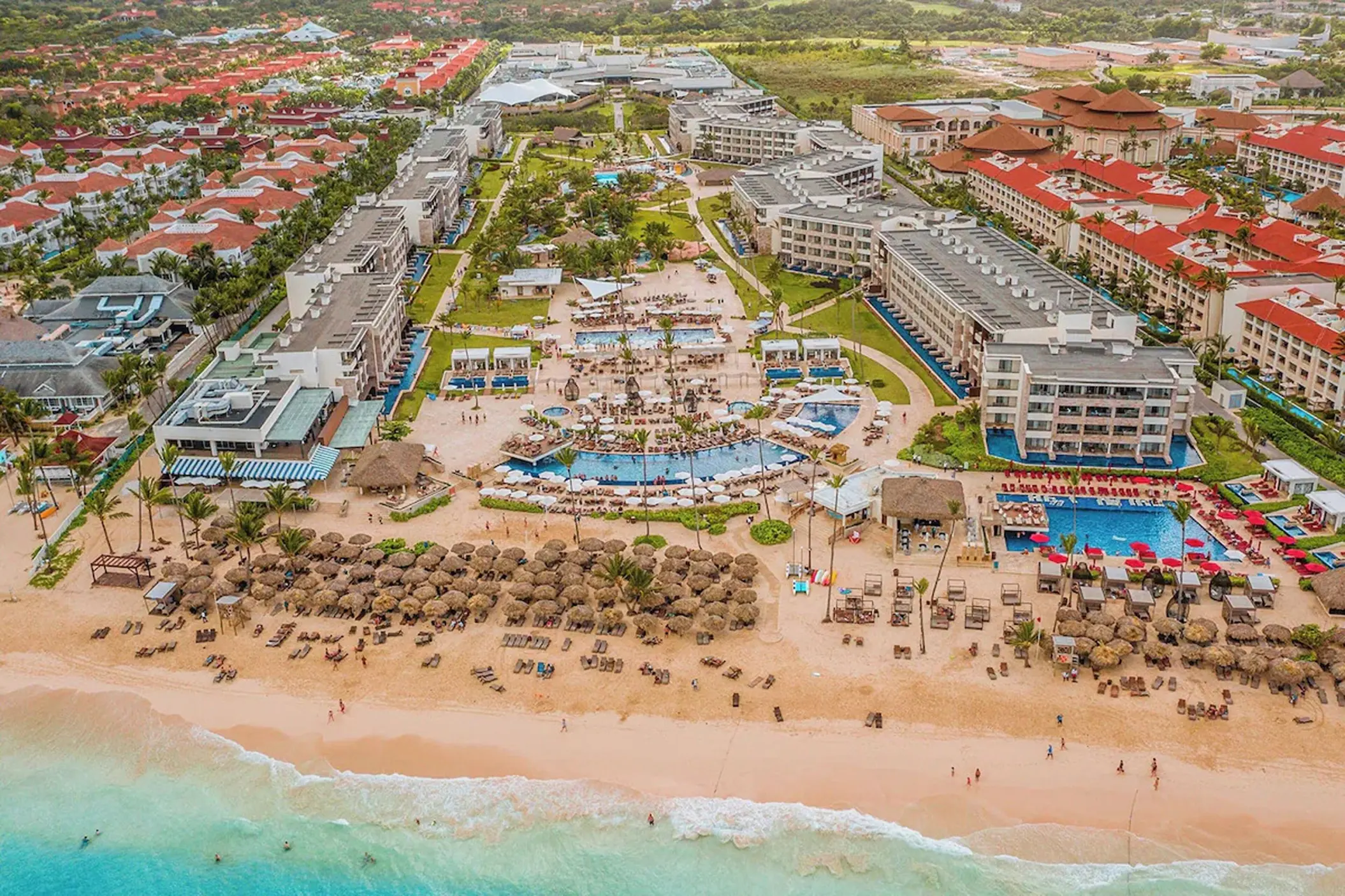Aerial view of Royalton Bavaro beachfront pools and resort grounds, Punta Cana