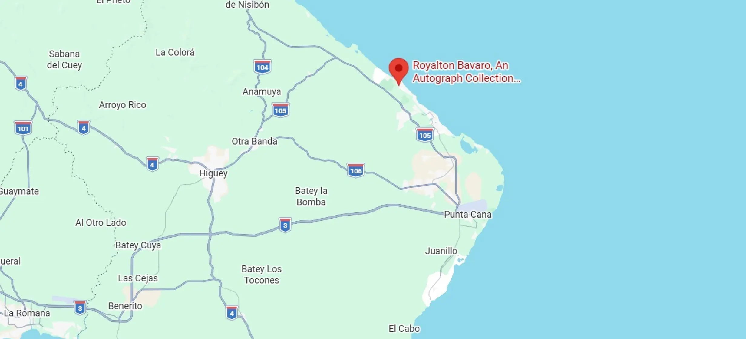 Map showing the beachfront location of Royalton Bavaro in Punta Cana