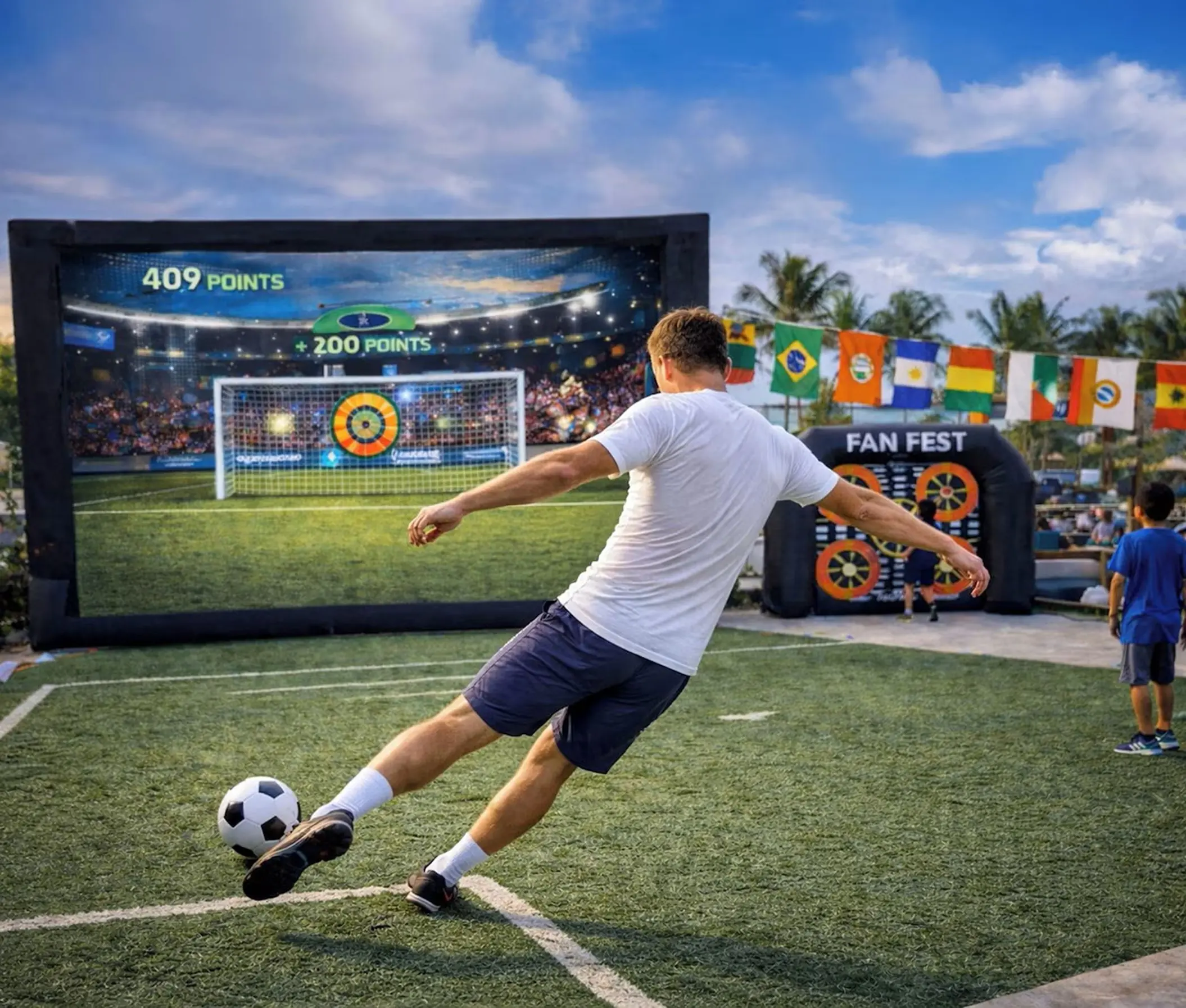 Teenager kicking a ball at an interactive soccer screen at Royalton Bavaro, Punta Cana