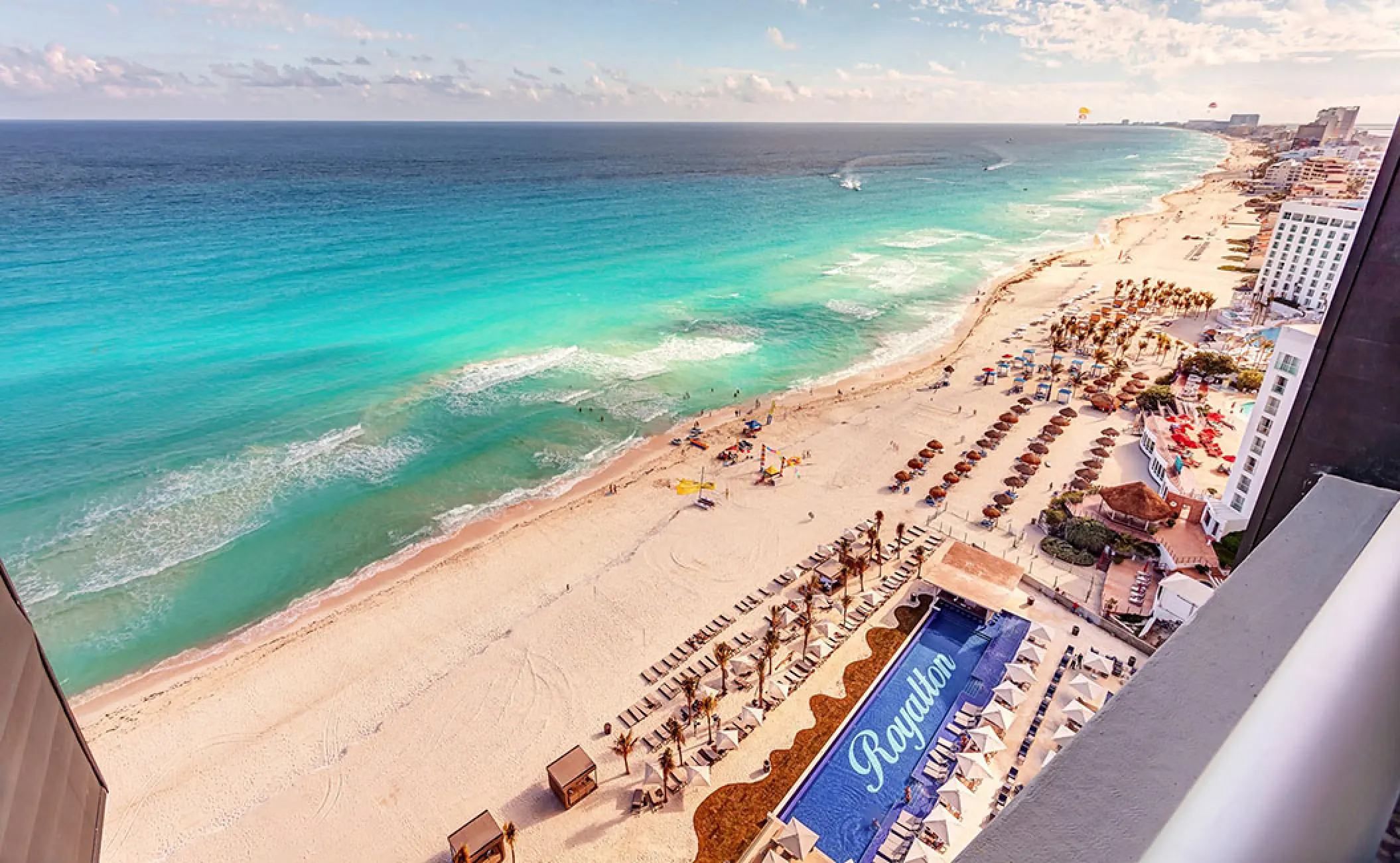 Aerial view of Royalton CHIC Cancun beach and pool overlooking the Caribbean Sea, Cancun