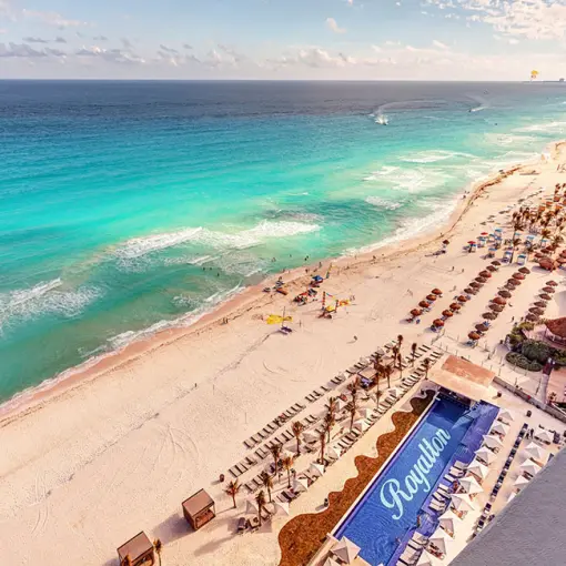 Aerial view of Royalton CHIC Cancun beach and pool overlooking the Caribbean Sea, Cancun