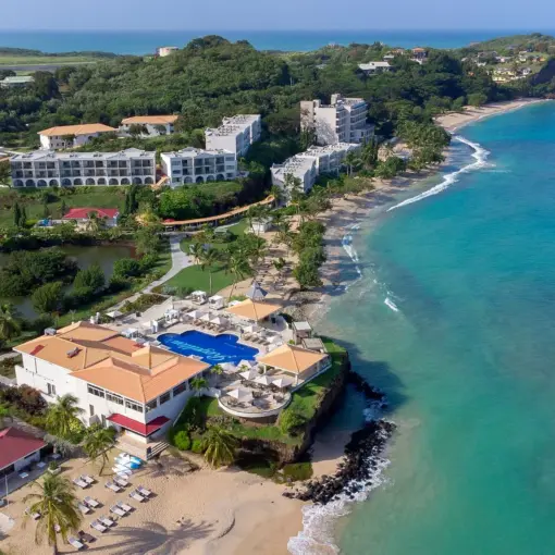 Aerial view of Royalton Grenada beachfront grounds and swimming pools, St. George’s