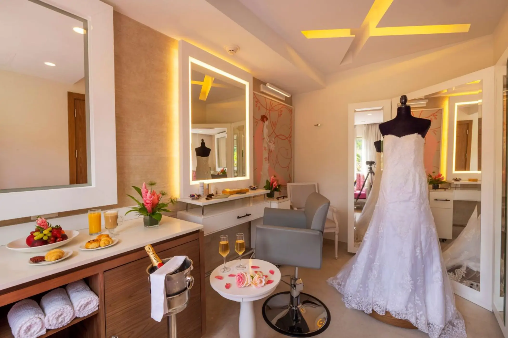 Bridal getting ready suite with a wedding dress on a mannequin at Royalton Grenada, St. George’s