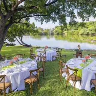 Garden wedding reception under a large tree by the lake at Royalton Grenada, St. George’s