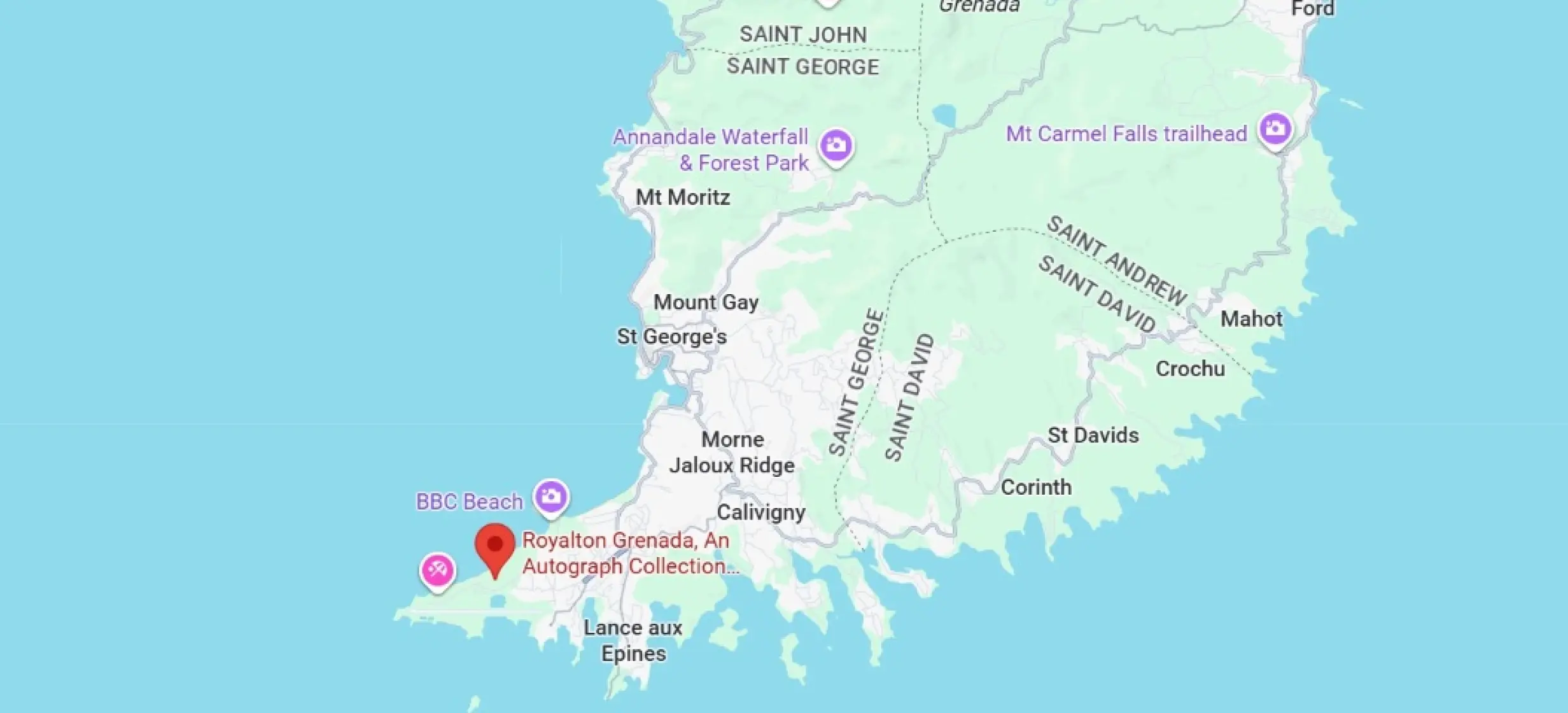 Map showing the beachfront location of Royalton Grenada on the island of Grenada