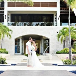 bride and groom at the plaza lobby circle venue at Royalton Punta Cana
