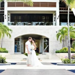 bride and groom at the plaza lobby circle venue at Royalton Punta Cana
