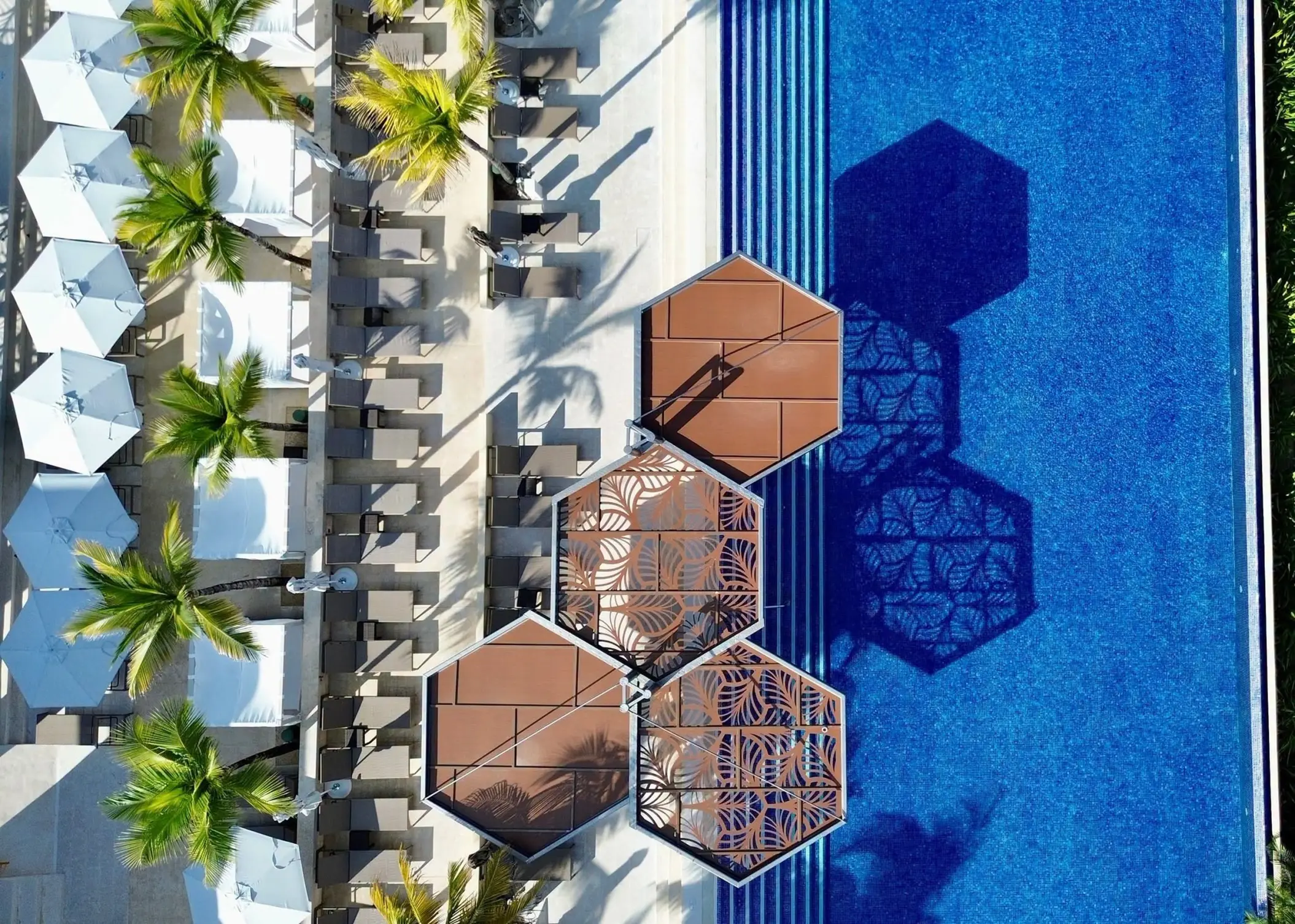 Overhead view of hexagonal umbrellas, palm trees, and the swimming pool at Royalton Riviera Cancun, Cancun