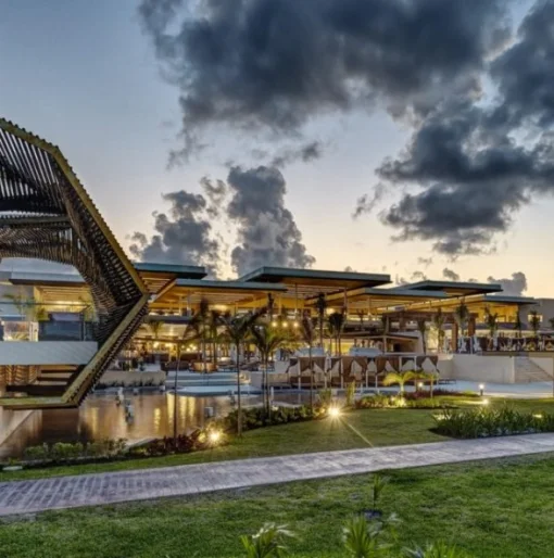 Gazebo and buildings night-shot at Royalton Riviera Cancun Resort.