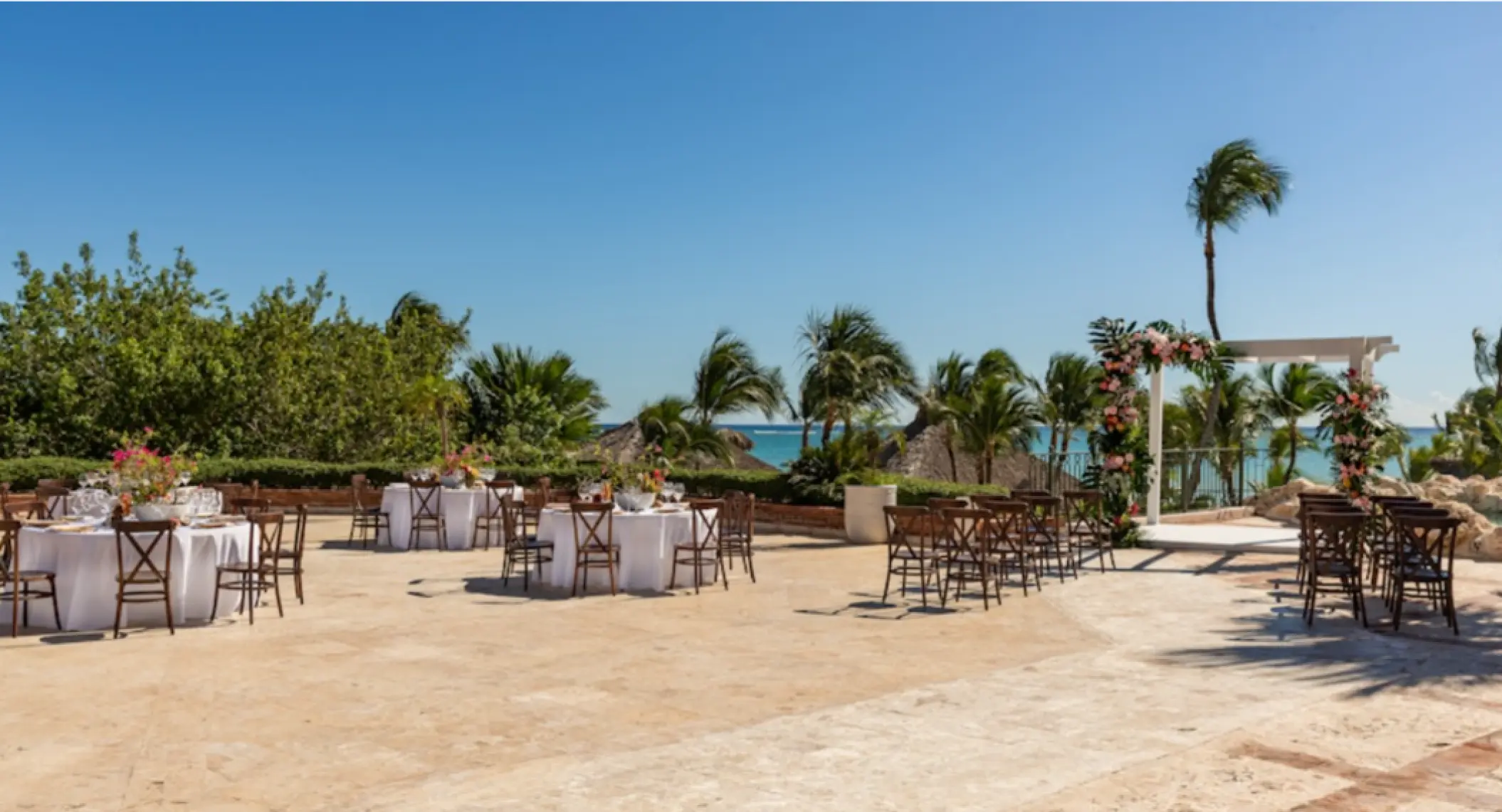 Terrace wedding ceremony and reception setup at Sanctuary Cap Cana, Punta Cana