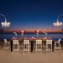 beach venue reception setup at Secrets Aura Cozumel