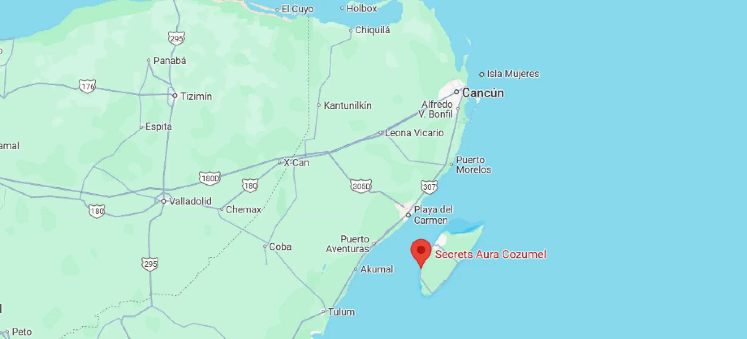 map showing location of secrets aura cozumel in Mexico