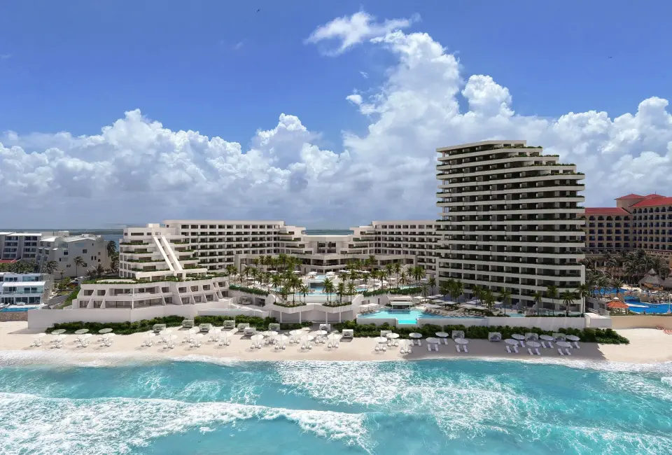 Aerial view of Secrets Mirabel beach and pools, Cancun