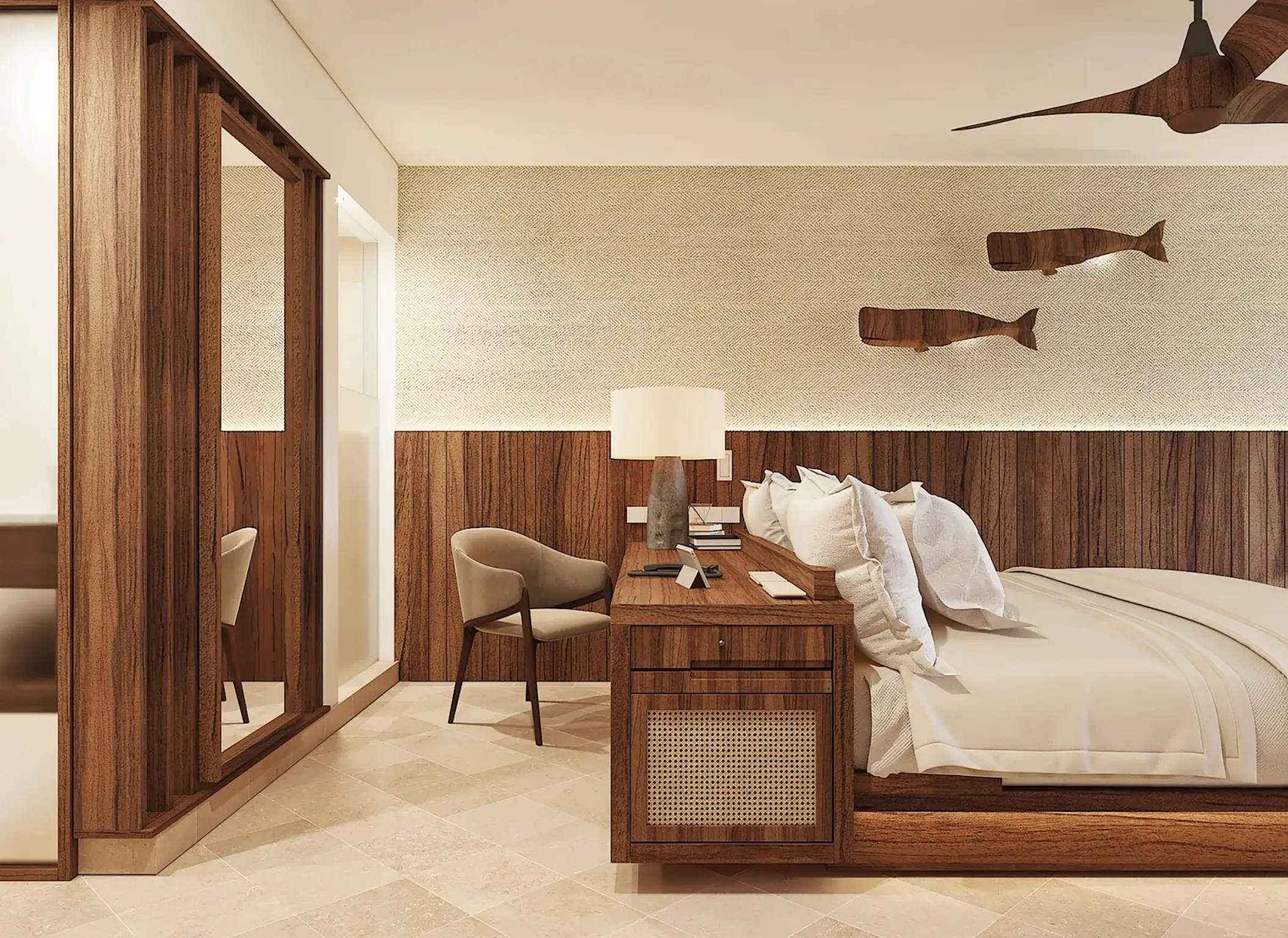 Deluxe ocean bedroom with wood paneling and whale wall decor at Secrets Mirabel, Cancun