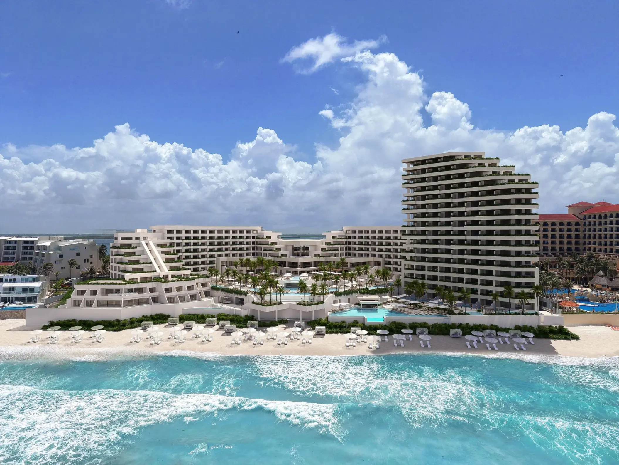 Secrets Mirabel Cancun beachfront exterior and pool area overlooking the Caribbean Sea, Cancun