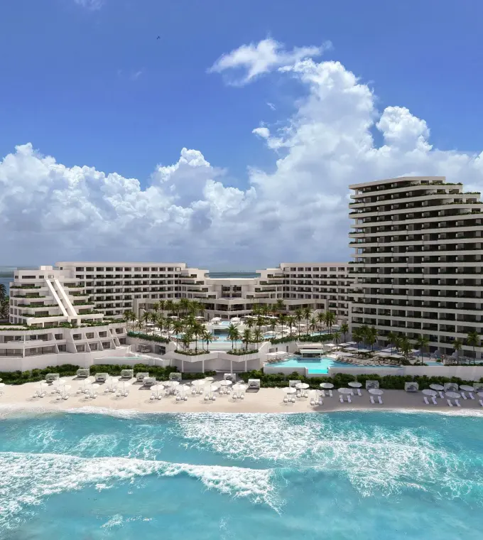 Secrets Mirabel Cancun beachfront exterior and pool area overlooking the Caribbean Sea, Cancun