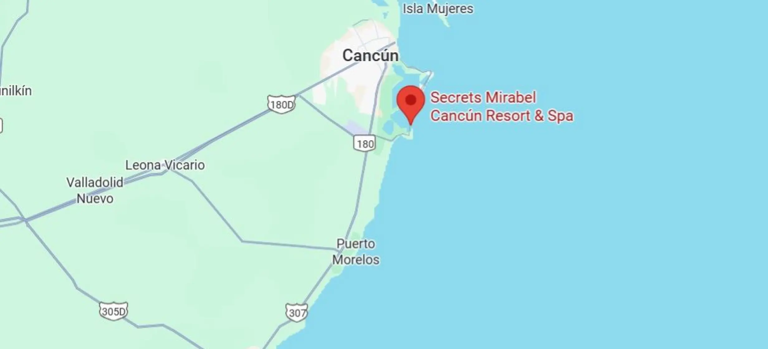 Map showing the location of Secrets Mirabel in the Hotel Zone, Cancun