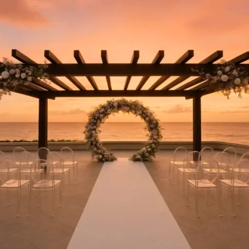 Oceanfront terrace wedding ceremony setup with floral arch at sunset, Secrets Mirabel Cancun