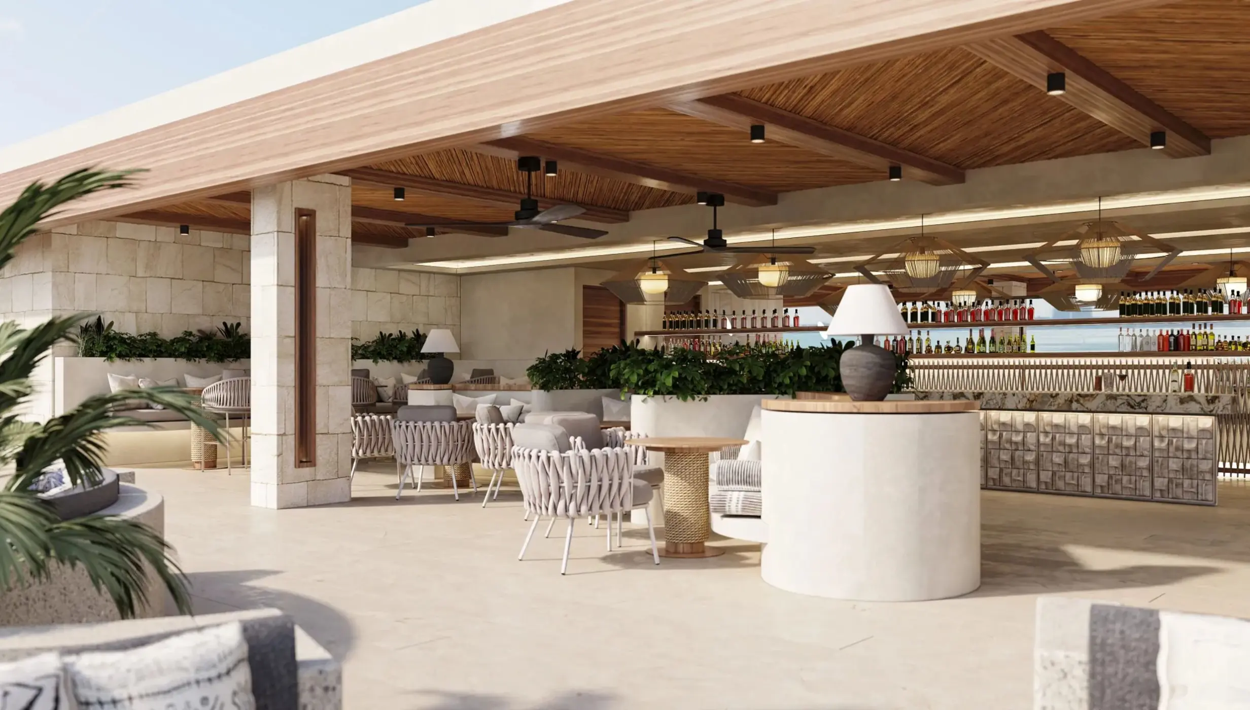 Sky bar lounge area with modern seating and wood ceiling at Secrets Mirabel, Cancun