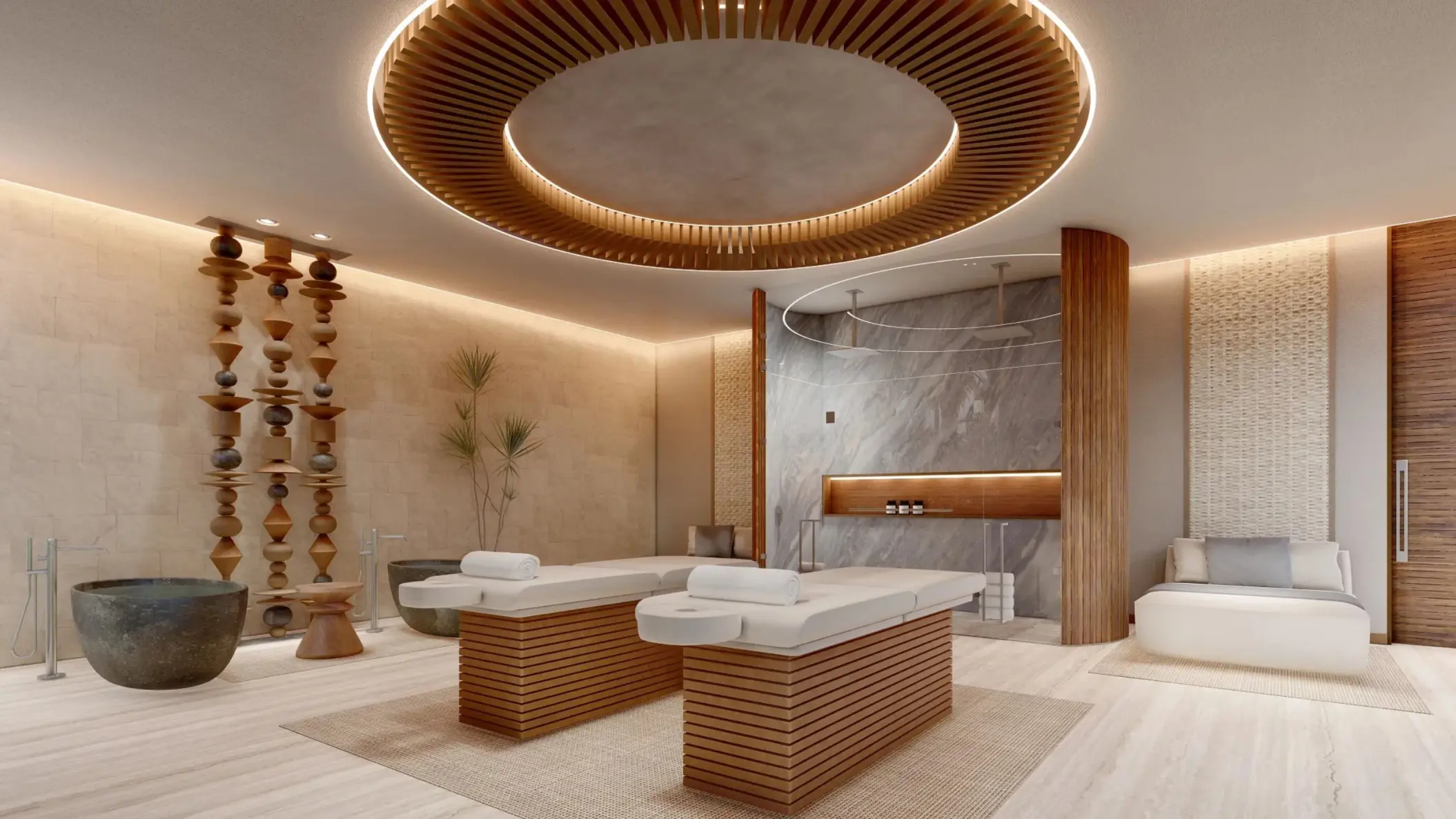 Couples massage suite with wooden tables and circular ceiling light at Secrets Mirabel, Cancun