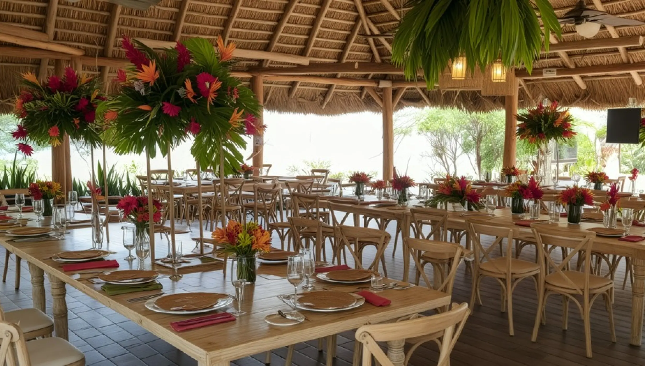 Aqua Restaurant wedding reception with tropical floral centerpieces at Secrets Papagayo, Papagayo