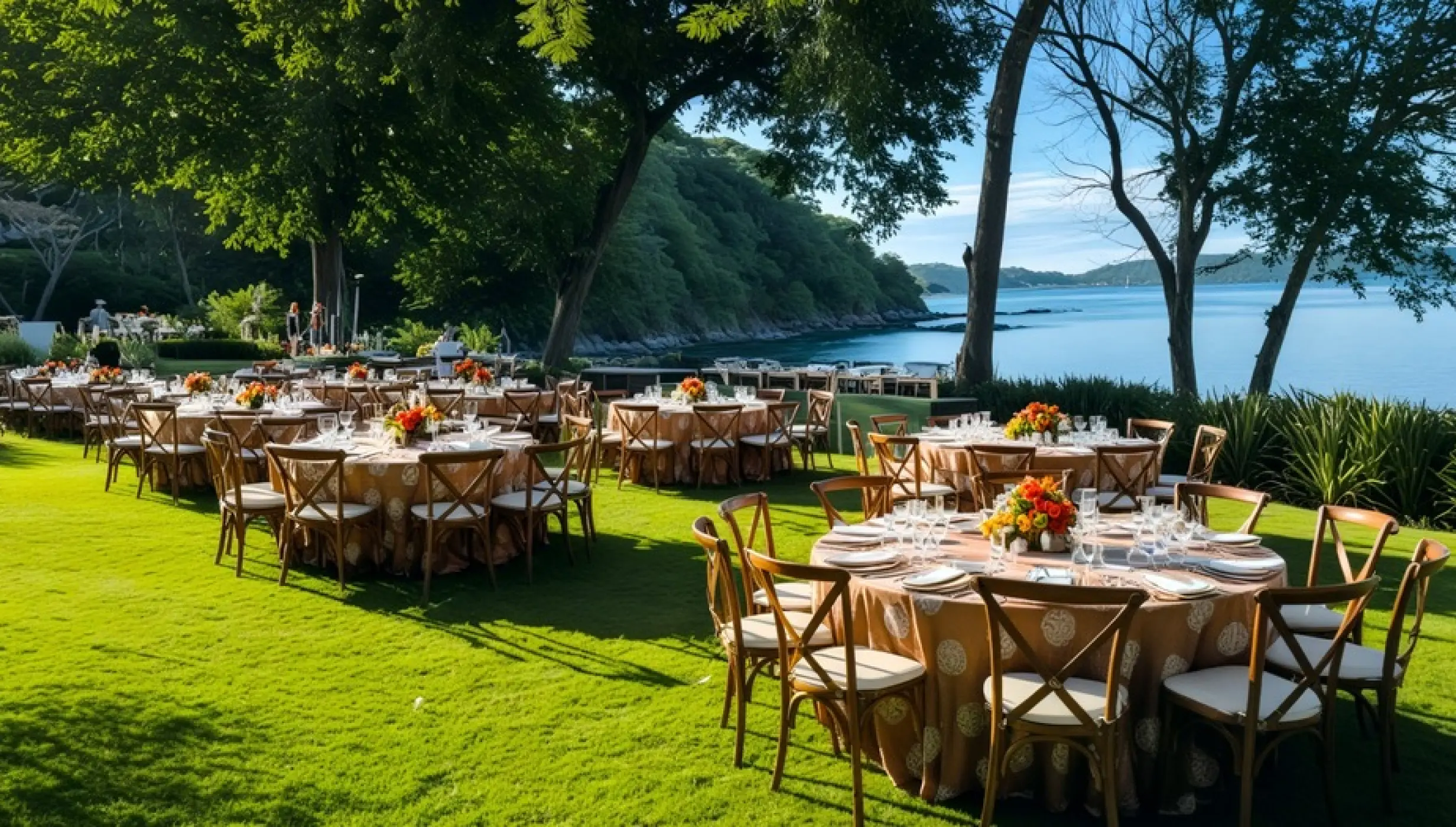Outdoor wedding reception with round tables on the lawn at Secrets Papagayo, Papagayo