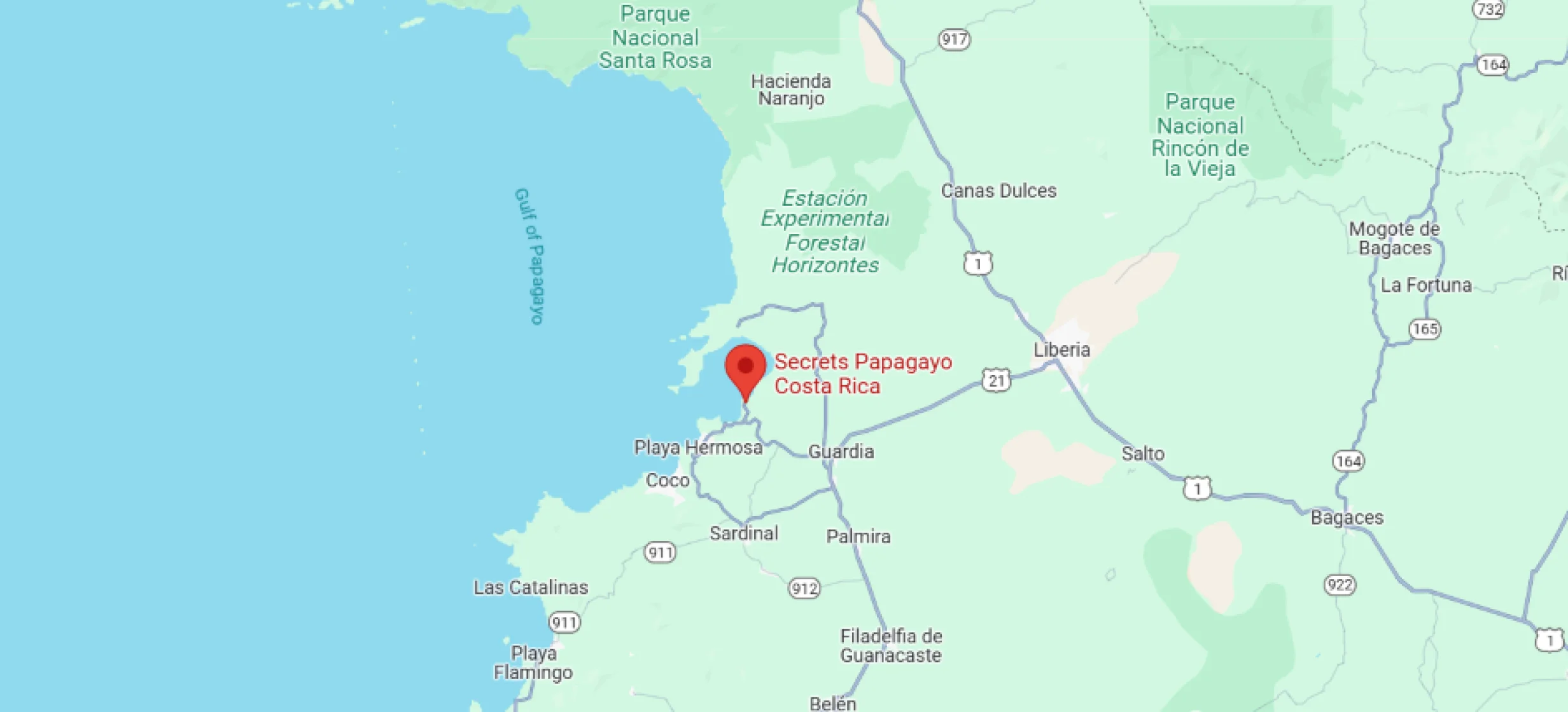 map showing location of secrets papagayo in costa rica