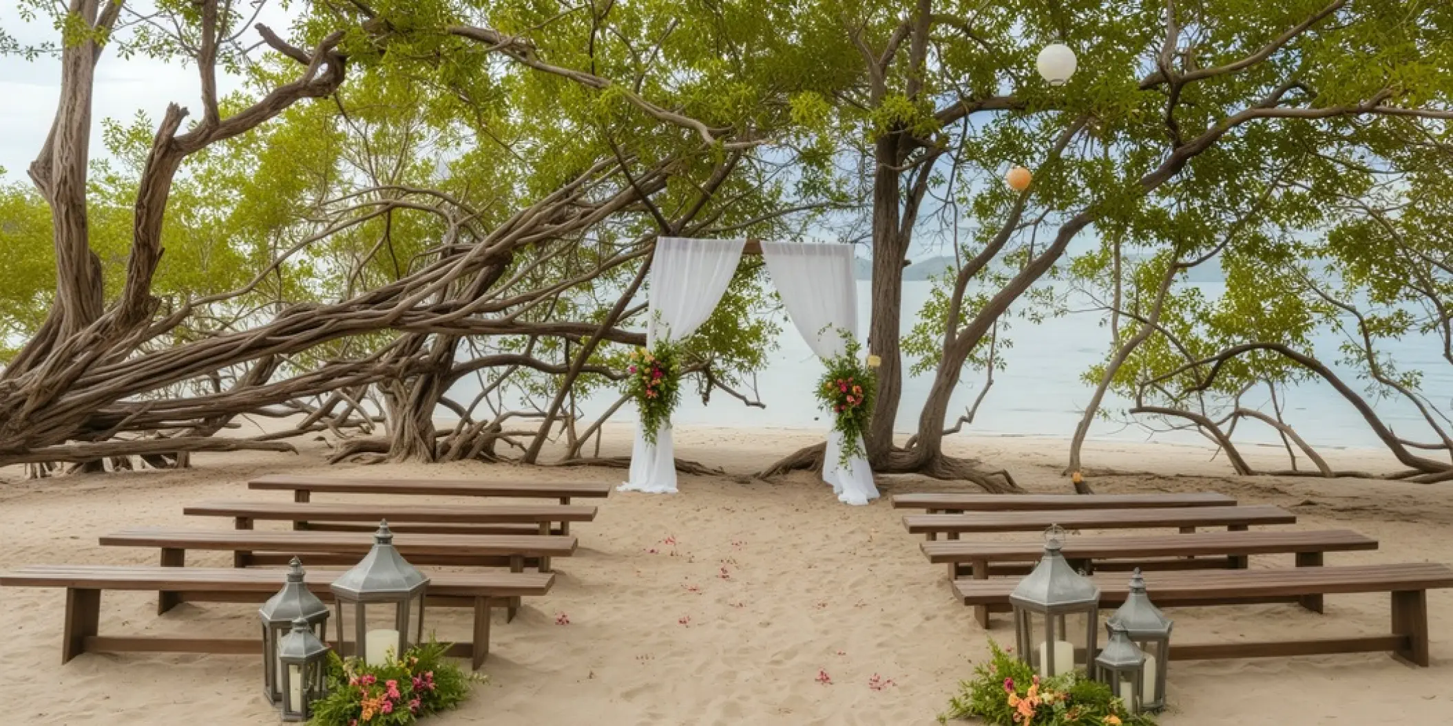 Beachfront wedding ceremony with wooden benches and white draped arch at Secrets Papagayo, Papagayo